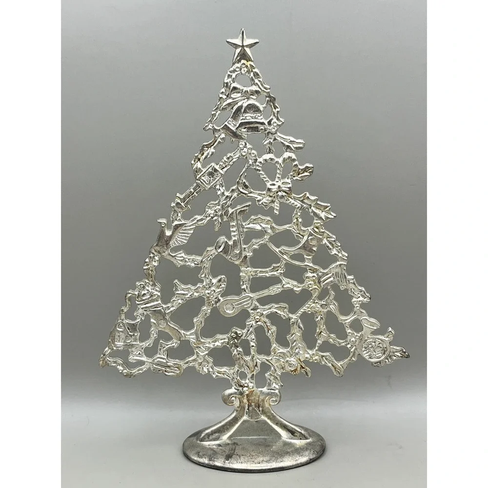 Silver Tone Metal Filigree Christmas Tree Tabletop Decor 6.5